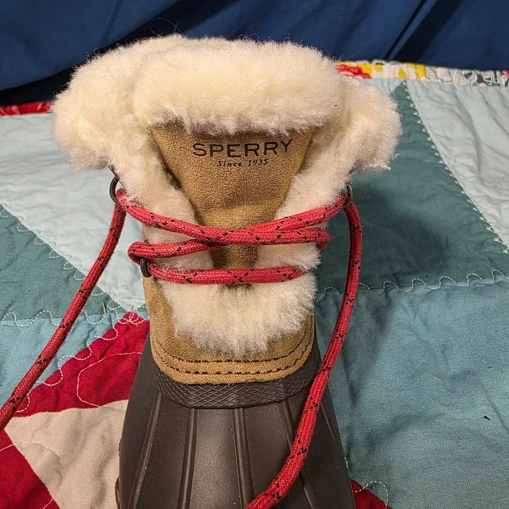 Sperry Saltwater Duck Boots Kids Size 10 Brown Tan Faux‎ Fur Waterproof Zip